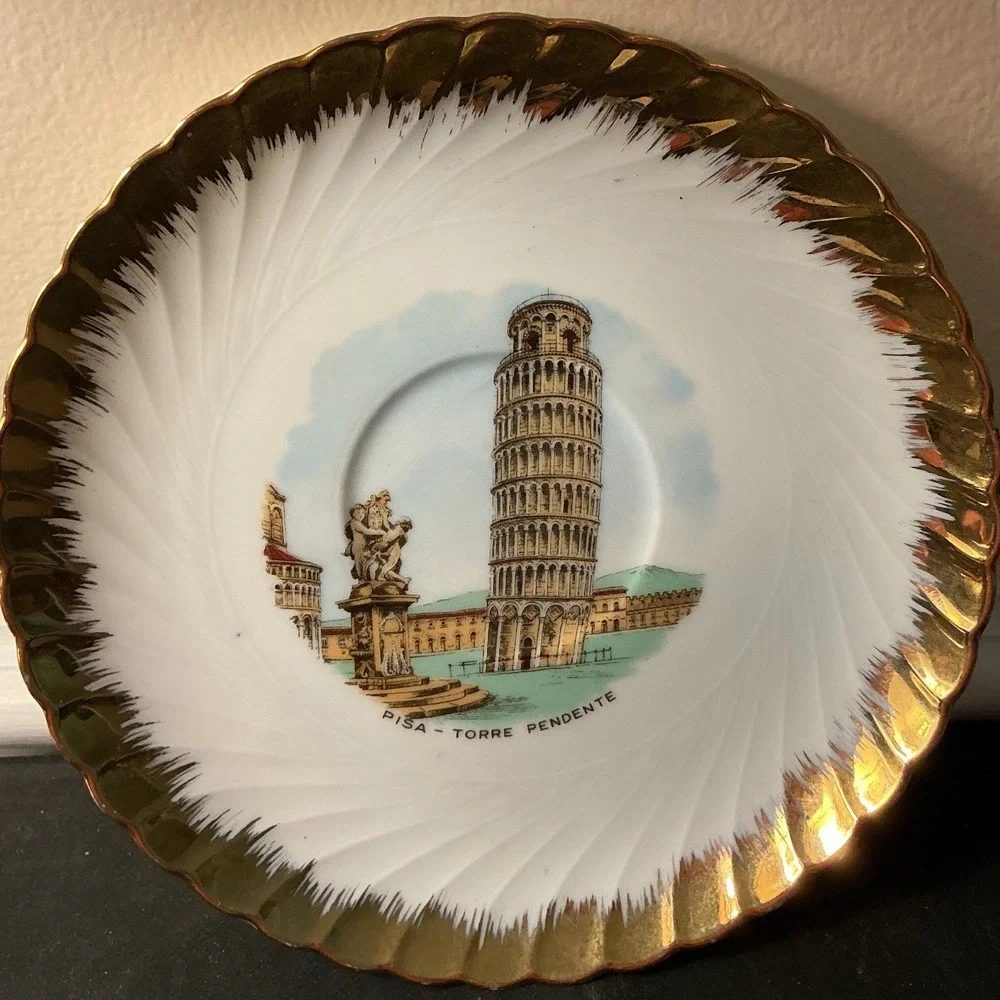 Royal Tettau Bavaria Germany Pisa Torre Pendente Gold Gilt Swirl Saucer 5.75in